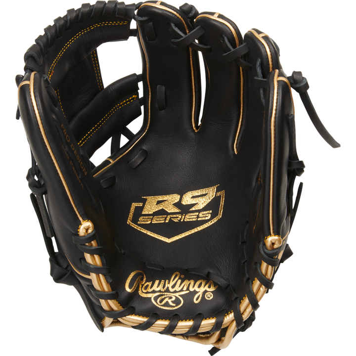 The Rawlings R9 11.5" Baseball Glove (R9204-2BG) is black with gold stitching and accents, featuring the R9 Series logo on the palm and the Rawlings logo near the wrist.