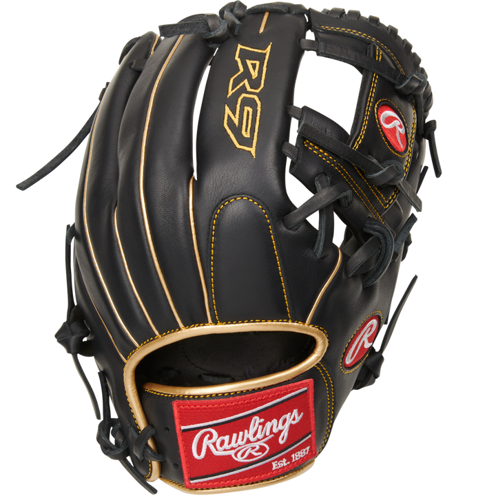 The Rawlings R9 11.5" Baseball Glove (R9204-2BG) is a black, game-ready youth glove with red and black stitching, designed by Rawlings.