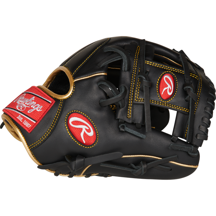 The Rawlings R9 11.5" Baseball Glove (R9204-2BG) features black leather, tan stitching, and red Rawlings logos on the wrist strap and thumb, shown from the side against a white background.