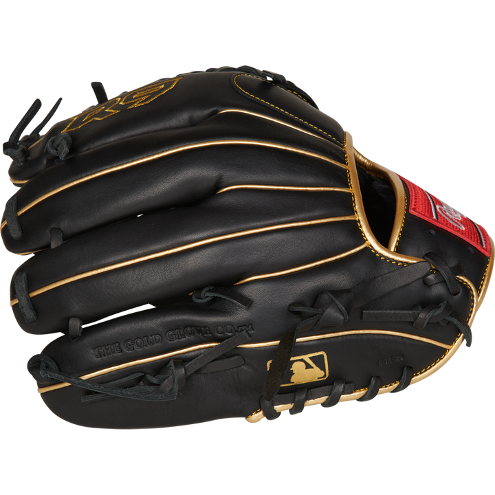 The Rawlings R9 11.75" Baseball Glove (R9205-4BG) features an all-black leather shell, gold stitching and accents, a red Rawlings logo patch, and "THE GOLD GLOVE CO." embossed on the thumbâideal for dedicated fans.