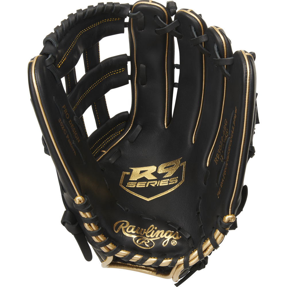 The Rawlings R9 12.75" Baseball Glove: R93029-6BG is a black leather glove with tan laces and gold stitching, shown open with the palm facing up and featuring Rawlings branding inside.