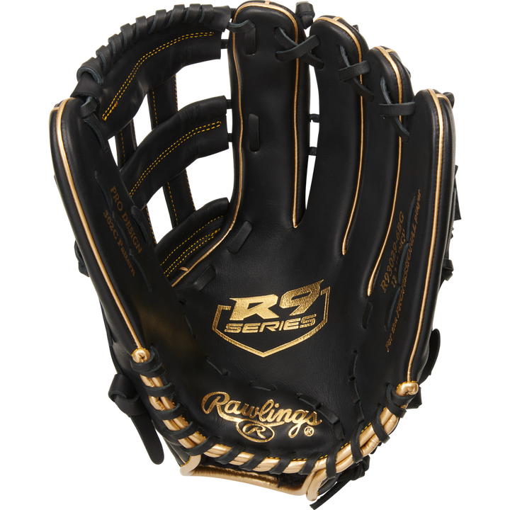 The Rawlings R9 12.75" Baseball Glove: R93029-6BG is a black leather glove with tan laces and gold stitching, shown open with the palm facing up and featuring Rawlings branding inside.