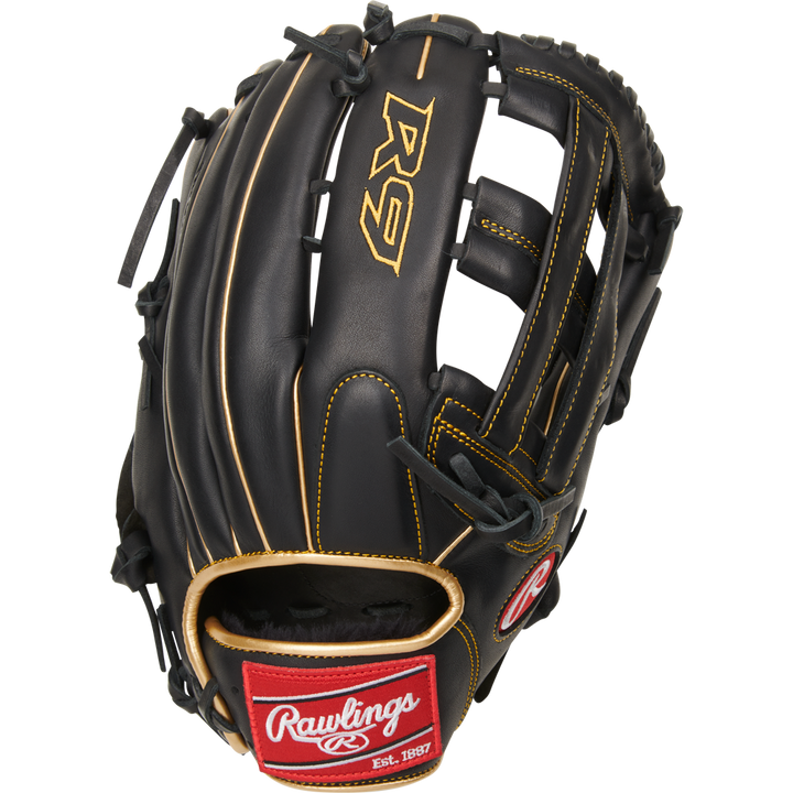 The Rawlings R9 12.75" Baseball Glove (R93029-6BG) features black leather, tan lacing, gold stitching, and “R9” embroidery. A red patch displays the Rawlings logo with "Est. 1887," and it’s game-ready right out of the box.