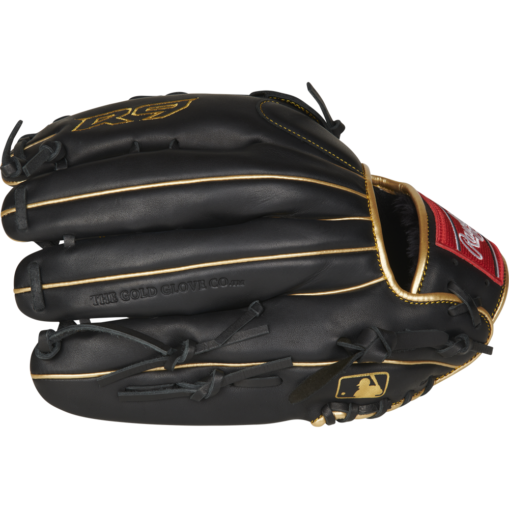 The Rawlings R9 12.75" Baseball Glove (R93029-6BG) features black leather with gold stitching and trim, a red wrist patch, gold MLB logo on the thumb, and "THE GOLD GLOVE CO." embossed on the palm for a premium feel.
