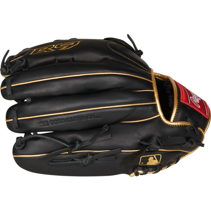 The Rawlings R9 12.75" Baseball Glove (R93029-6BG) features black leather with gold stitching and trim, a red wrist patch, gold MLB logo on the thumb, and "THE GOLD GLOVE CO." embossed on the palm for a premium feel.