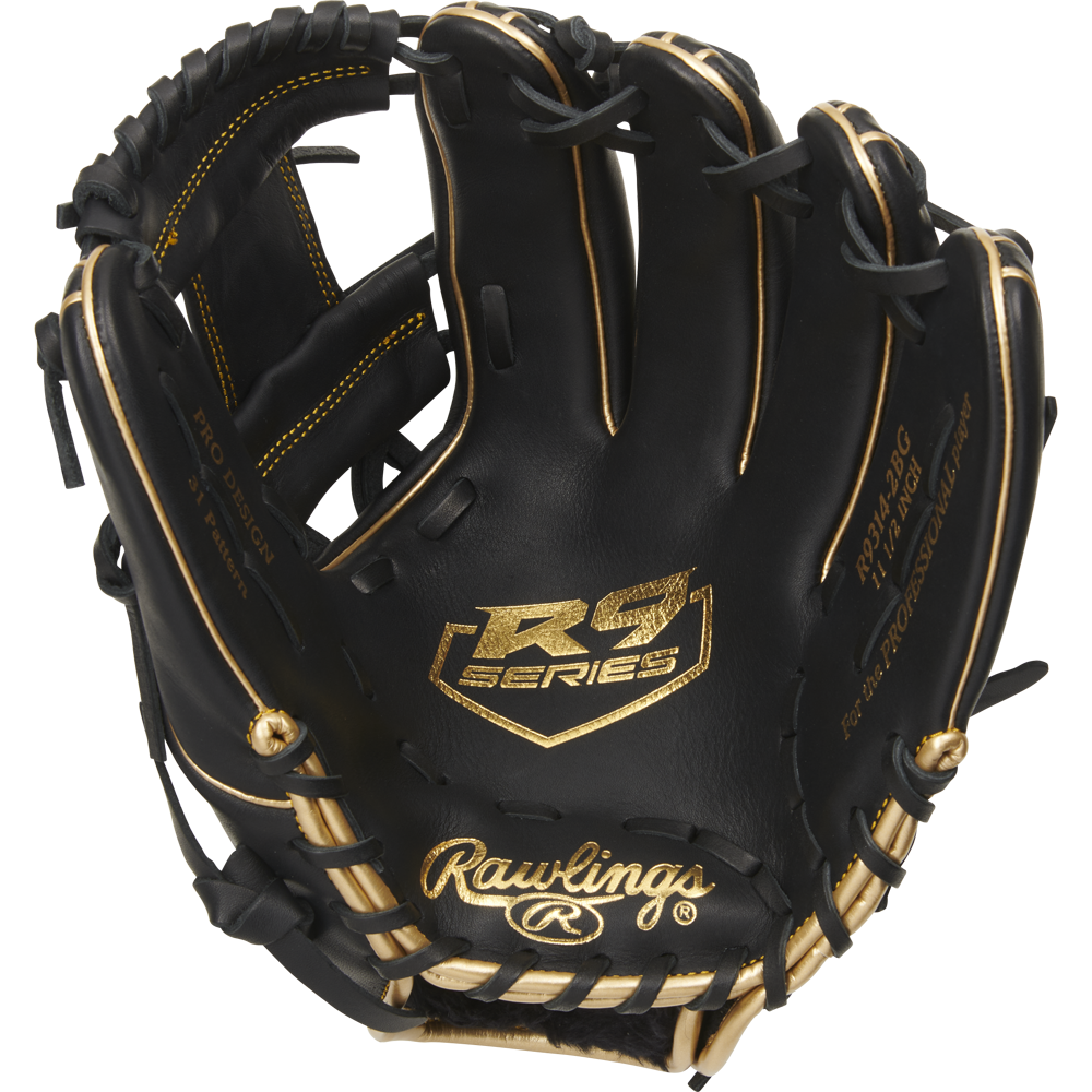 The Rawlings R9 11.5" Baseball Glove (R9314-2BG) features a black design with gold trim and stitching, RS Series logo on the palm, and Rawlings branding near the wrist. The glove is open, displaying its interior details and lacing.