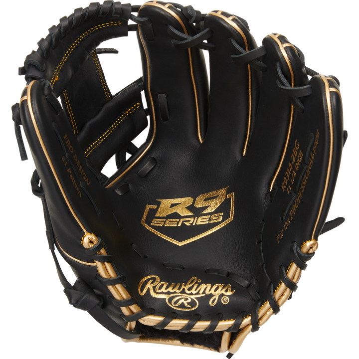 The Rawlings R9 11.5" Baseball Glove (R9314-2BG) features a black design with gold trim and stitching, RS Series logo on the palm, and Rawlings branding near the wrist. The glove is open, displaying its interior details and lacing.