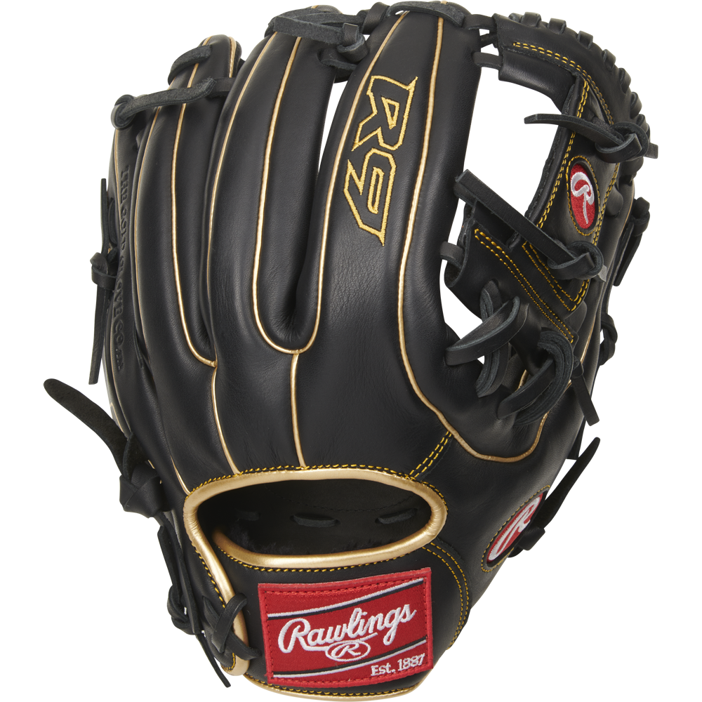 The Rawlings R9 11.5" Baseball Glove (R9314-2BG), black with tan laces and gold R9 logo, plus a red Rawlings patch by the wrist, stands upright against a white background.