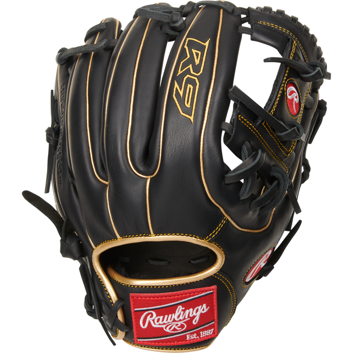 The Rawlings R9 11.5" Baseball Glove (R9314-2BG), black with tan laces and gold R9 logo, plus a red Rawlings patch by the wrist, stands upright against a white background.