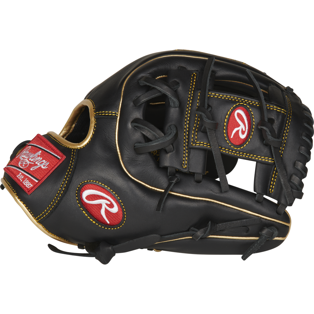 The Rawlings R9 11.5" Baseball Glove (R9314-2BG) features black leather with tan stitching and red Rawlings logos on the thumb and wrist, shown against a white background—ideal for players seeking a premium glove.