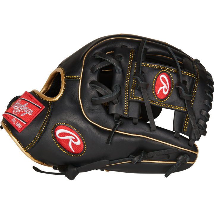 The Rawlings R9 11.5" Baseball Glove (R9314-2BG) features black leather with tan stitching and red Rawlings logos on the thumb and wrist, shown against a white background—ideal for players seeking a premium glove.