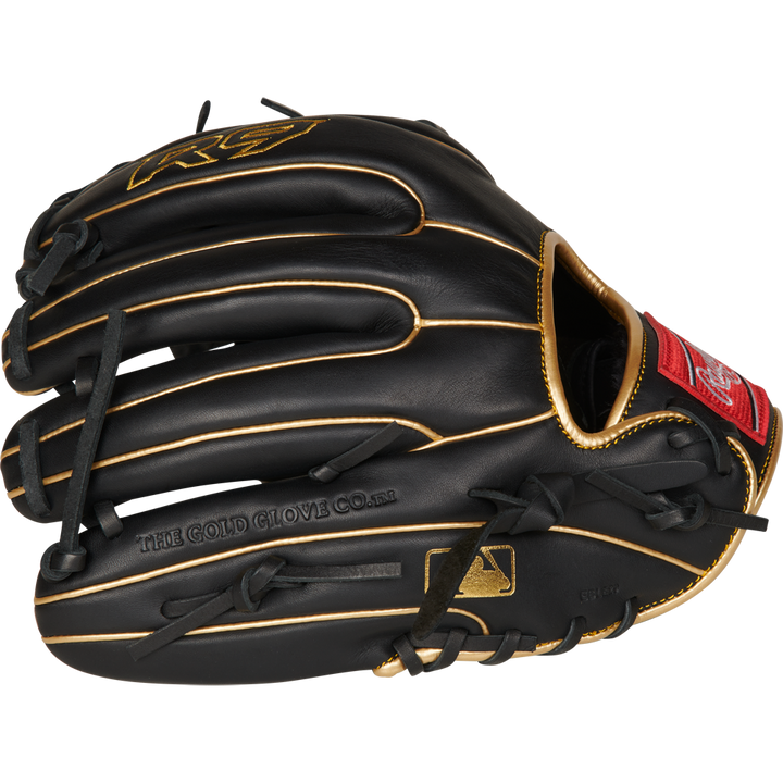 The Rawlings R9 11.5" Baseball Glove (R9314-2BG) in black features gold stitching and accents, a red patch, and "THE GOLD GLOVE CO." embossed on the side—making it a standout youth glove. Shown on a white background.