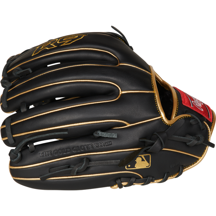 The Rawlings R9 11.75" Baseball Glove (R9315-6BG) features a black design with tan laces, red patch, gold MLB logo, and "THE GOLD GLOVE CO." embossed on the palm—ideal for youth players seeking quality and performance.