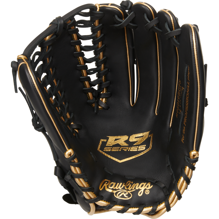 The Rawlings R9 12.75" Baseball Glove (R96019BGFS) is a black glove with gold accents and stitching, featuring Rawlings branding—ideal for players seeking top-quality youth baseball gloves.