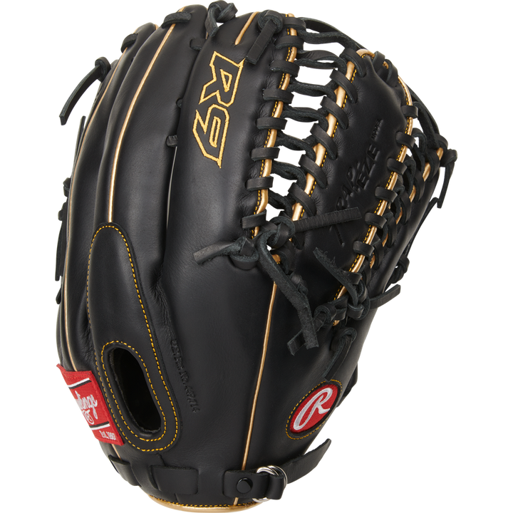 The Rawlings R9 12.75" Baseball Glove (R96019BGFS) features a black design with tan laces, a red Rawlings logo patch, and gold “R9” embroidery—perfect for those seeking high-quality youth baseball gloves.