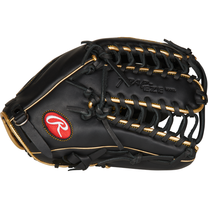 The Rawlings R9 12.75" Baseball Glove (R96019BGFS) features black leather, tan lacing, and a red Rawlings logo patch—perfect for youth baseball players. Displayed against a white background.