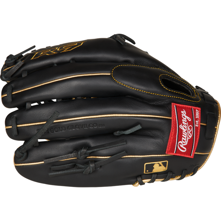A Rawlings R9 12.75" Baseball Glove (R96019BGFS), black with gold stitching, a red Rawlings patch, and the MLB logo on the wrist strap, is displayed on a white background.
