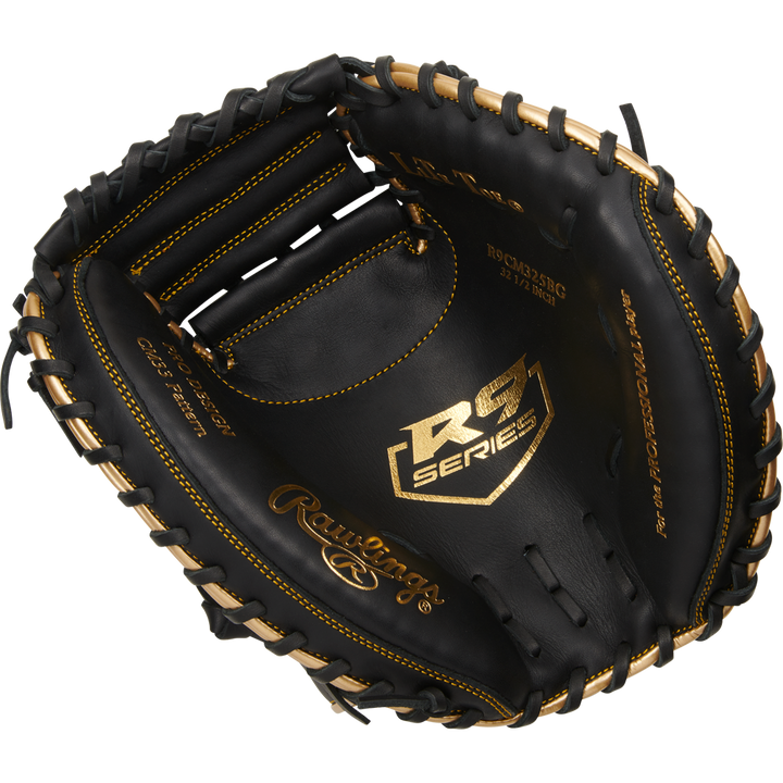 The Rawlings R9 32.5" Baseball Catcher's Mitt (R9CM325BG) is a black youth glove with tan lacing and gold accents, shown against a white background.