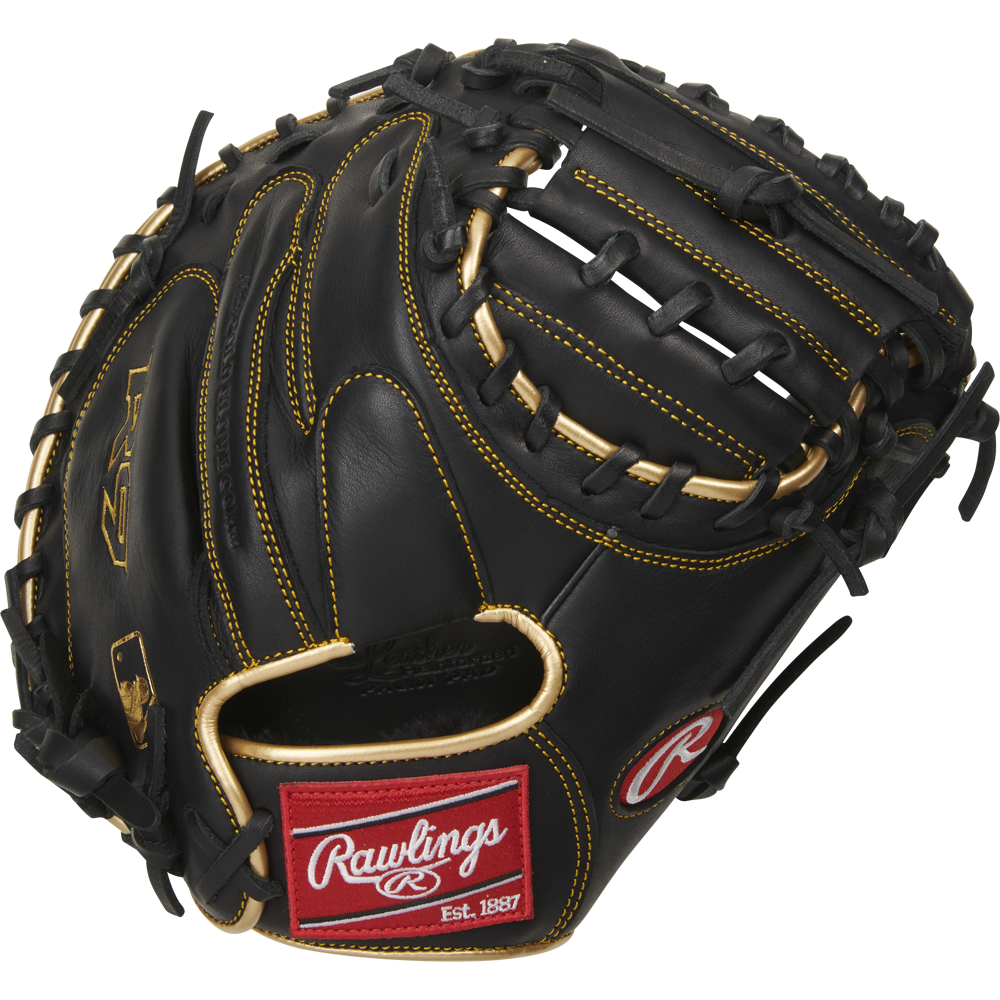 The Rawlings R9 32.5" Baseball Catcher's Mitt (R9CM325BG) is a black youth catcher’s glove with a red patch, ideal for young players.