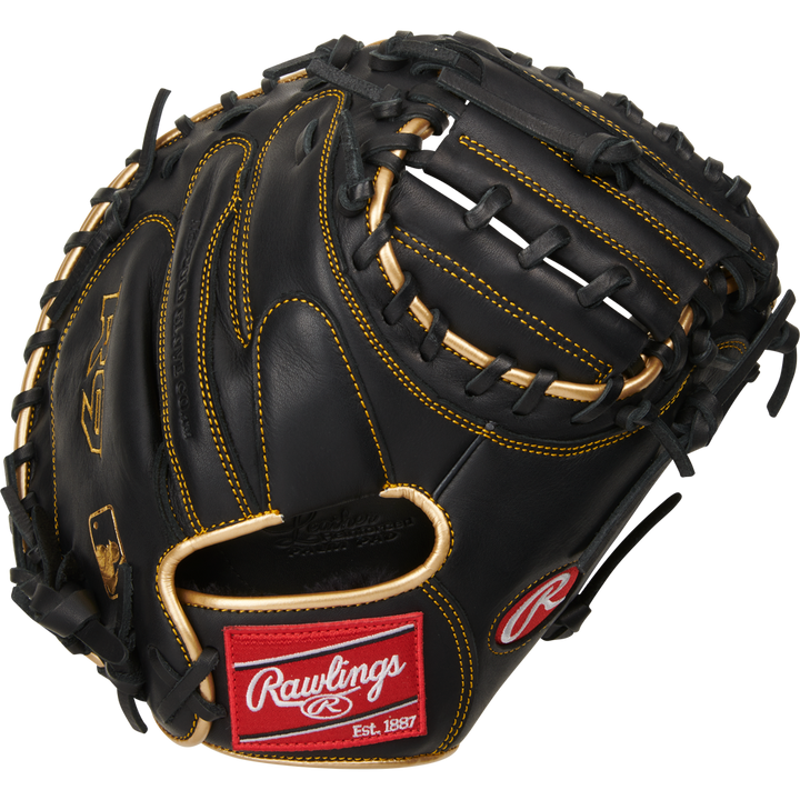 The Rawlings R9 32.5" Baseball Catcher's Mitt (R9CM325BG) is a black youth catcher’s glove with a red patch, ideal for young players.