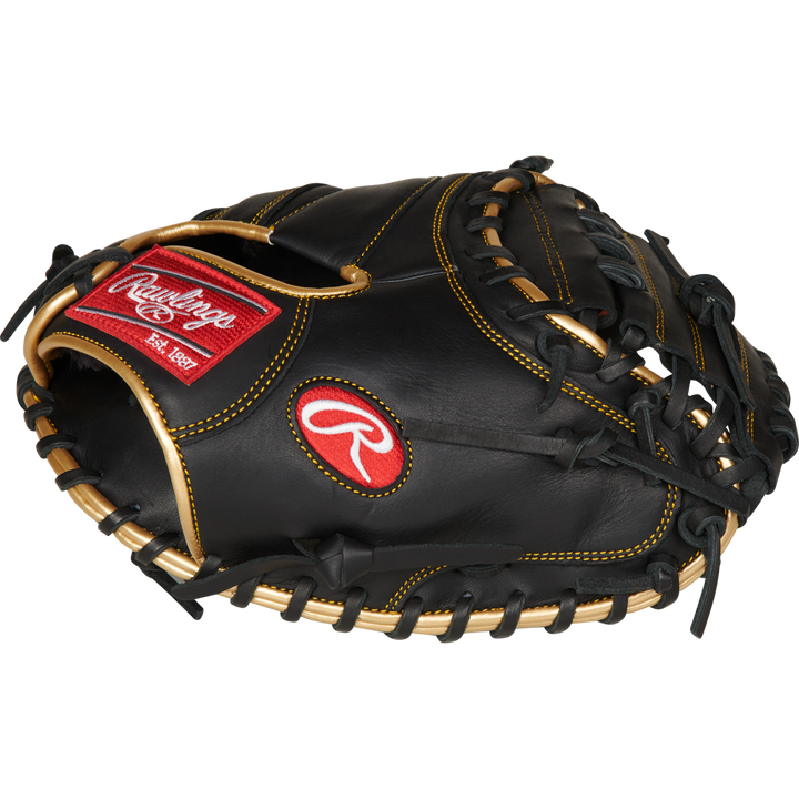 A Rawlings R9 32.5" Catcher's Mitt (R9CM325BG) in black with tan laces and red Rawlings logos on the side and wrist, displayed against a plain white background.