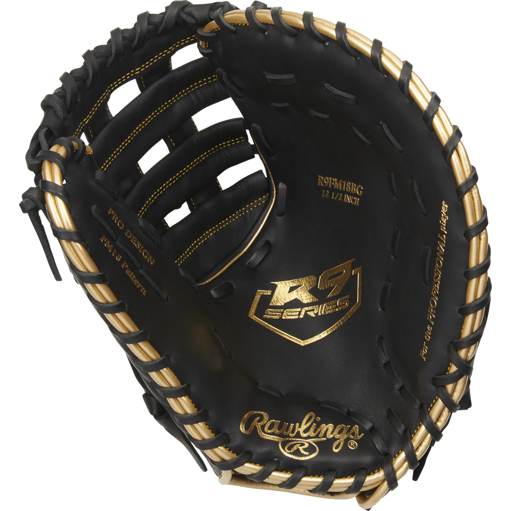 The Rawlings R9 12.5" First Base Mitt (R9FM18BG) features black leather with tan lacing, gold stitching, printed palm logos, and an open design showing detailed interior and premium Rawlings branding.