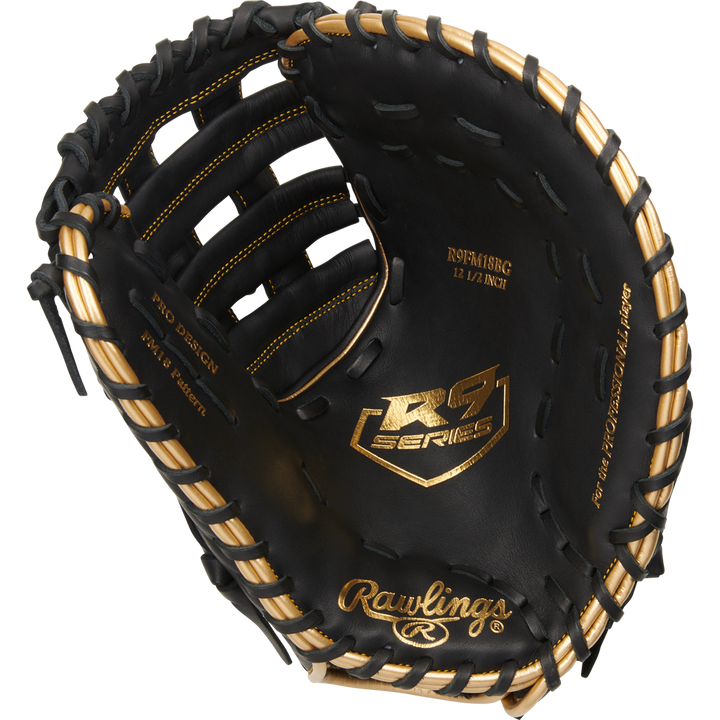 The Rawlings R9 12.5" First Base Mitt (R9FM18BG) features black leather with tan lacing, gold stitching, printed palm logos, and an open design showing detailed interior and premium Rawlings branding.