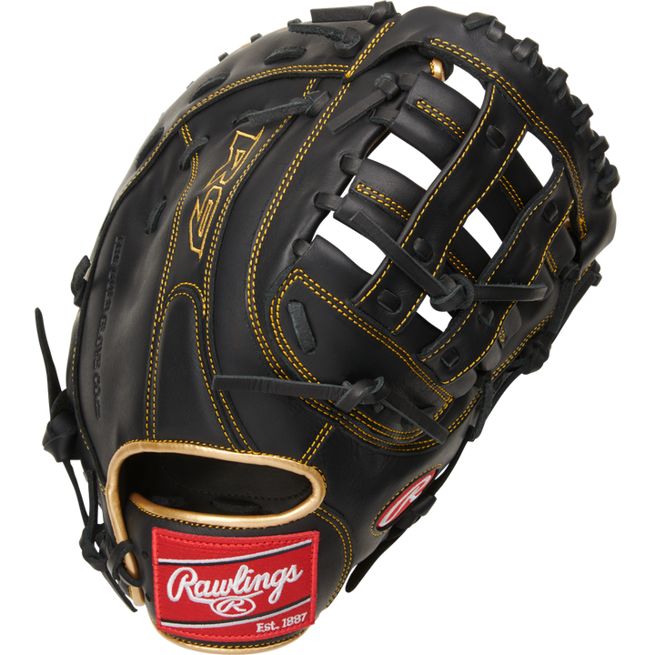 A Rawlings R9 12.5" Baseball First Base Mitt (R9FM18BG) in black with yellow stitching, tan accents, and a red Rawlings patch on the wrist is shown against a white background.