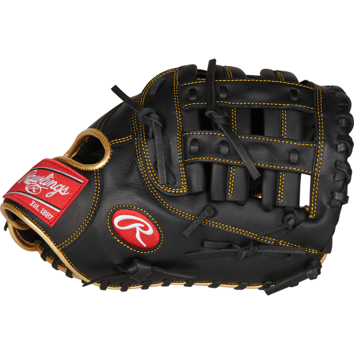 The Rawlings R9 12.5" Baseball First Base Mitt (R9FM18BG) is a black all-leather glove with yellow stitching, an open web design, and a red and white Rawlings logo patch, shown against a plain white background.