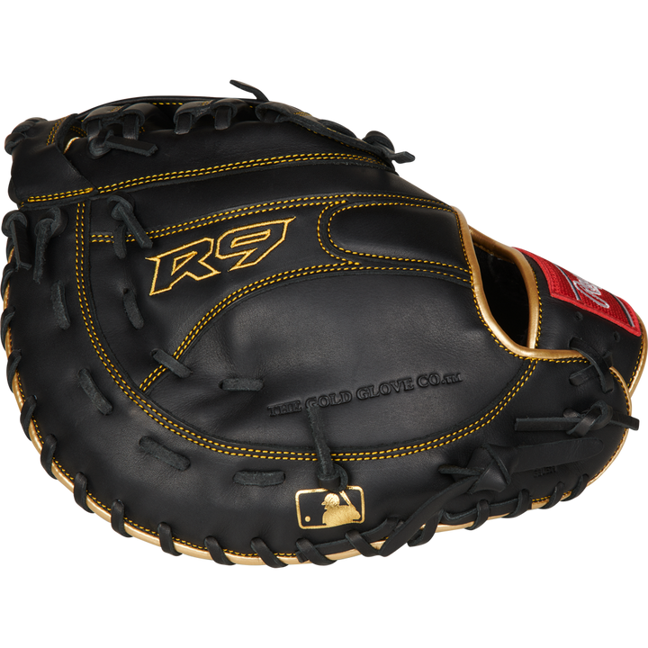 The Rawlings R9 12.5" Baseball First Base Mitt (R9FM18BG) features black and tan all-leather construction, yellow stitching, the R9 logo, and THE GOLD GLOVE CO. text embossed on the glove.