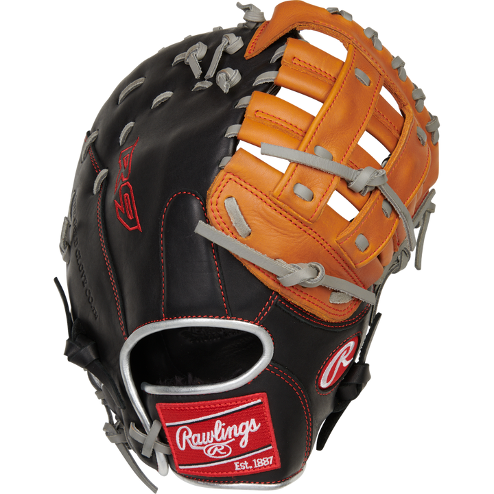 The Rawlings R9 12" ContoUR First Base Mitt (R9FMU-17BT) features black and tan game-ready leather, gray laces, red accents with a "Rawlings Est. 1887" patch, open web design, and visible stitching.