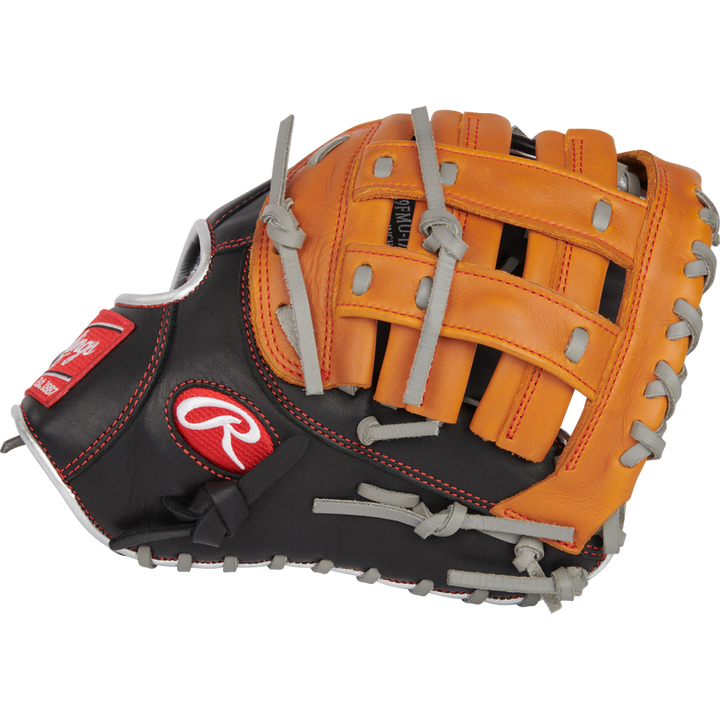 The Rawlings R9 12" ContoUR Baseball First Base Mitt (R9FMU-17BT), a brown and black youth glove with gray laces and a red logo patch, is pictured on a white background.