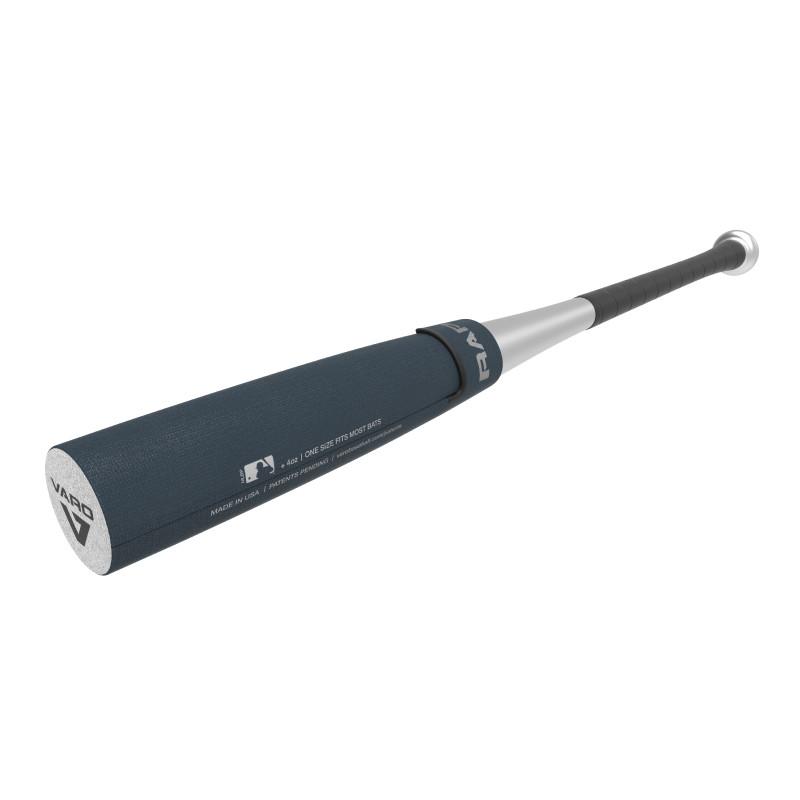 The Varo RAP Weighted Hittable Training Sleeve by Varo is a silver and black sleeve with a textured grip and labeled VARO, designed to protect the thick end of your bat during training.