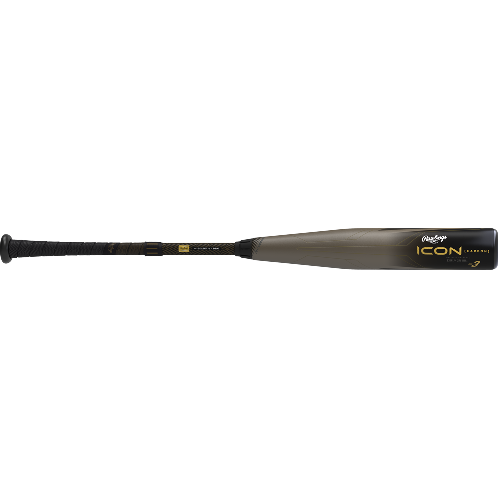 The 2023 Rawlings Icon (-3) BBCOR Baseball Bat: RBB3I3 (USED) features a black handle, gold accents, gray barrel, and carbon composite construction for a balanced swing weight. Shown on a white background.