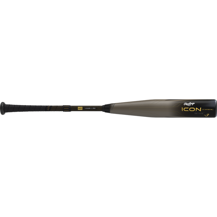 The 2023 Rawlings Icon (-3) BBCOR Baseball Bat: RBB3I3 (USED) features a black handle, gold accents, gray barrel, and carbon composite construction for a balanced swing weight. Shown on a white background.