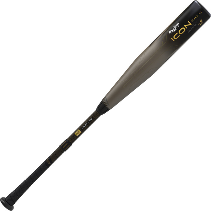 A black and metallic gray 2023 Rawlings Icon (-3) BBCOR Baseball Bat: RBB3I3 (USED), featuring gold accents, a textured grip handle, and balanced swing weight, is shown against a plain white background.