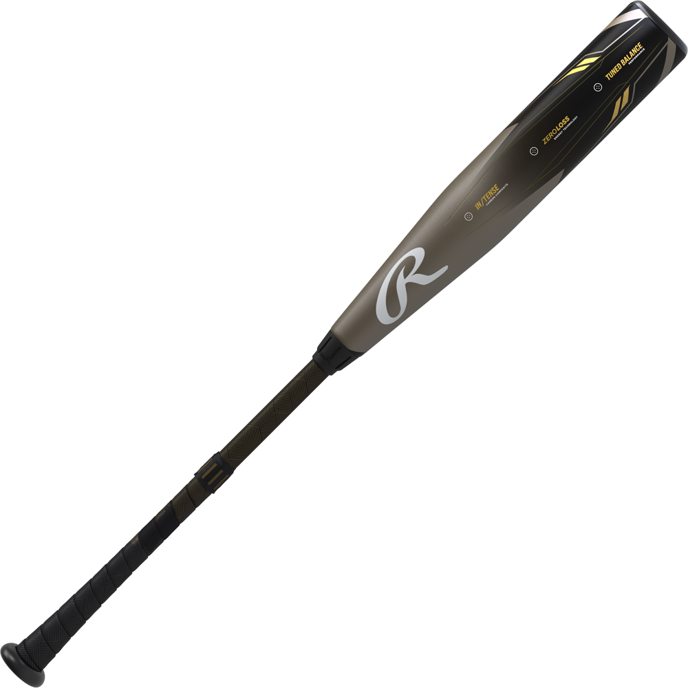 The 2023 Rawlings Icon (-3) BBCOR Baseball Bat (USED) has a black and gray design with yellow accents, a wrapped black handle, a large stylized R logo on the barrel, and offers a balanced swing weight.