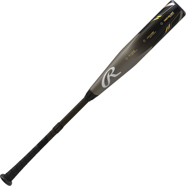 The 2023 Rawlings Icon (-3) BBCOR Baseball Bat (USED) has a black and gray design with yellow accents, a wrapped black handle, a large stylized R logo on the barrel, and offers a balanced swing weight.
