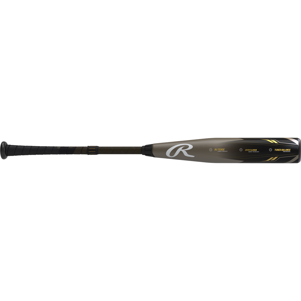 A used 2023 Rawlings Icon (-3) BBCOR Baseball Bat (RBB3I3) in black and gold, featuring a textured grip handle, metallic finish, balanced swing weight, and model details on the barrel.