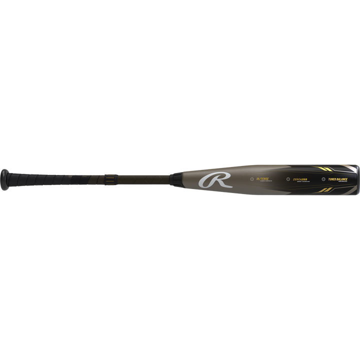 A used 2023 Rawlings Icon (-3) BBCOR Baseball Bat (RBB3I3) in black and gold, featuring a textured grip handle, metallic finish, balanced swing weight, and model details on the barrel.