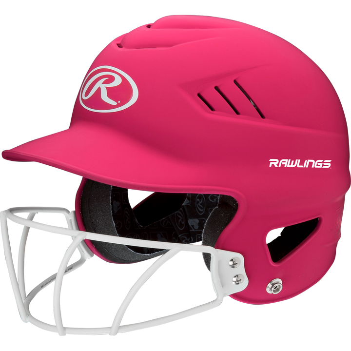 The Rawlings Coolflo Highlighter Matte Batting Helmet with Mask (RCFHLFG) features a bright pink finish, ventilation slits, a white face guard, and white Rawlings logos on the front and side.