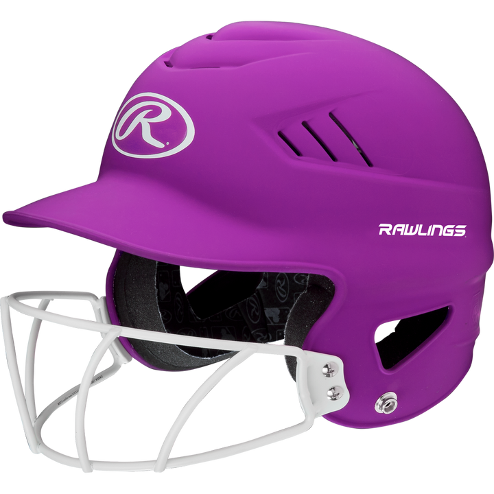 A Rawlings Coolflo Highlighter Matte Batting Helmet with Mask (RCFHLFG) for softball, featuring a white metal face guard and ventilation holes, is shown against a plain white background.