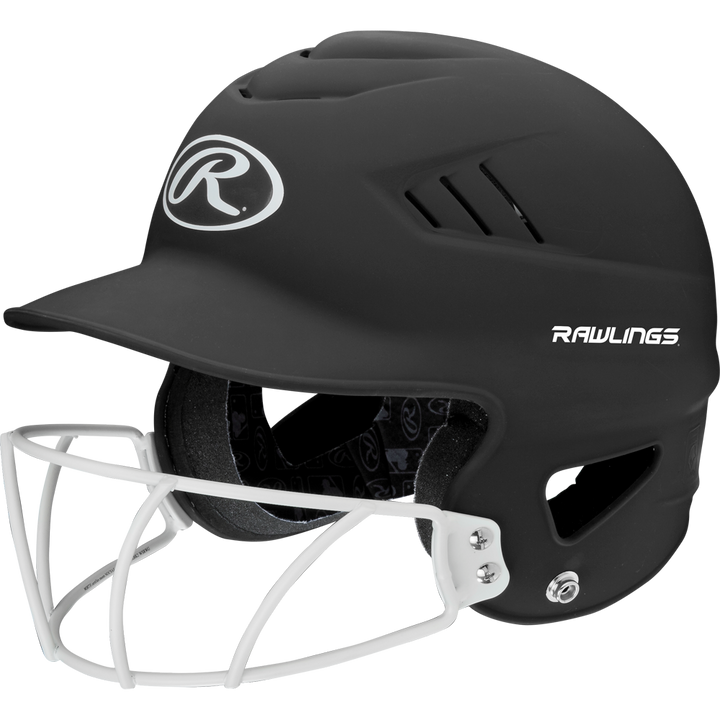 The Rawlings Coolflo Highlighter Matte Batting Helmet with Mask (RCFHLFG) features a matte black finish, white face guard, ventilation slots, and the Rawlings logo on the front and side.