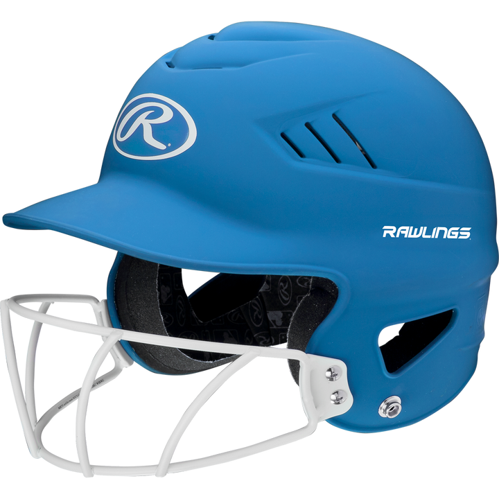 A blue Rawlings Coolflo Highlighter Matte Batting Helmet (RCFHLFG) with a white mask, ventilation slits, and Rawlings logos on the front and side.