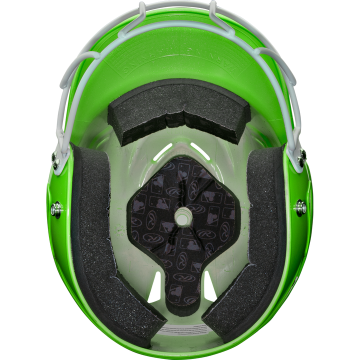 Top view of the Rawlings Coolflo Highlighter Matte Batting Helmet with Mask (RCFHLFG), featuring black foam padding, a white metal faceguard, and a central black logo pattern inside.