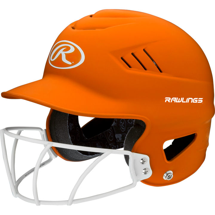 The Rawlings Coolflo Highlighter Matte Batting Helmet with Mask (RCFHLFG) features a bright orange matte finish, white faceguard, side ventilation slits, black interior padding for comfort, and bold white Rawlings branding.