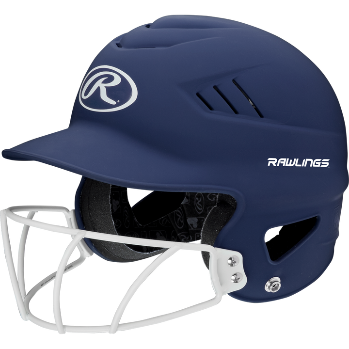 The Rawlings Coolflo Highlighter Matte Batting Helmet with Mask (RCFHLFG) from Rawlings features a navy blue finish, white face guard, ventilation slits, and displays the Rawlings logo on the front and side.