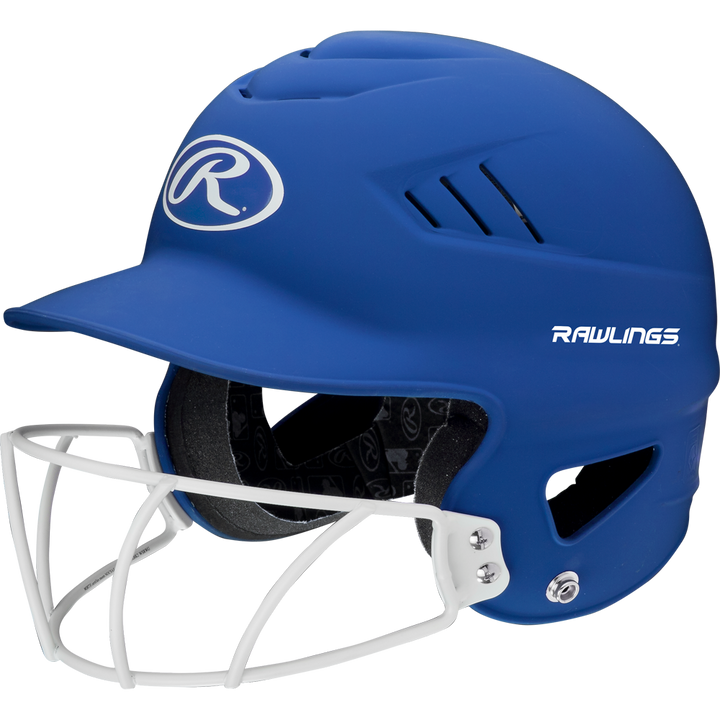 A Rawlings Coolflo Highlighter Matte Batting Helmet with Mask (RCFHLFG), featuring a blue finish, white face guard, black interior padding, and ventilation slits, is displayed on a plain white background.