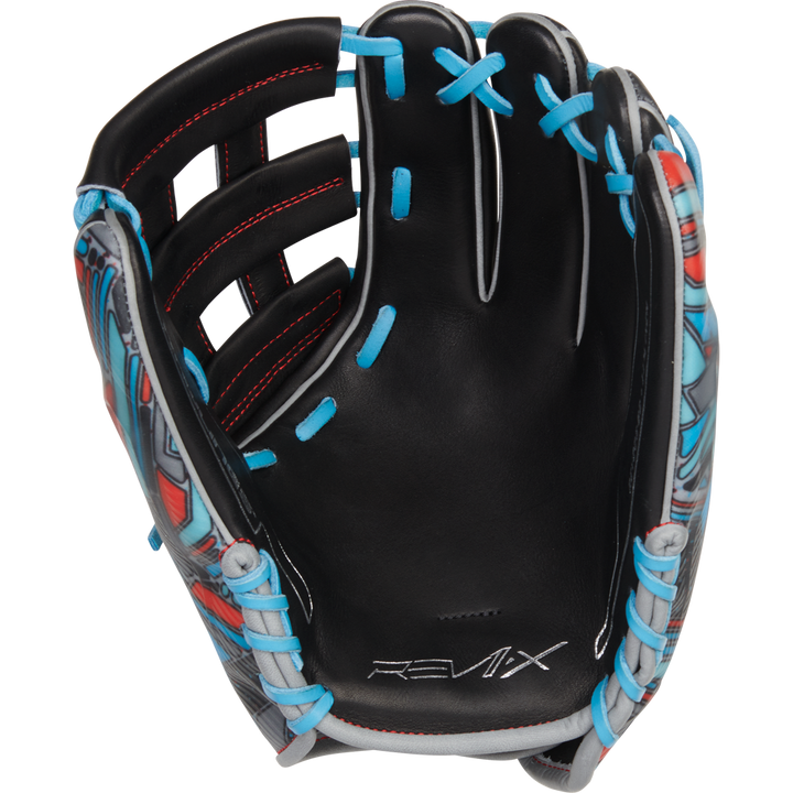 The Rawlings REV1X 11.75" Baseball Glove (REV205-6B) is black with blue laces, red accents, and gray patterned details. "REV1X" is stitched on the palm, making it a standout infield glove from Rawlings.