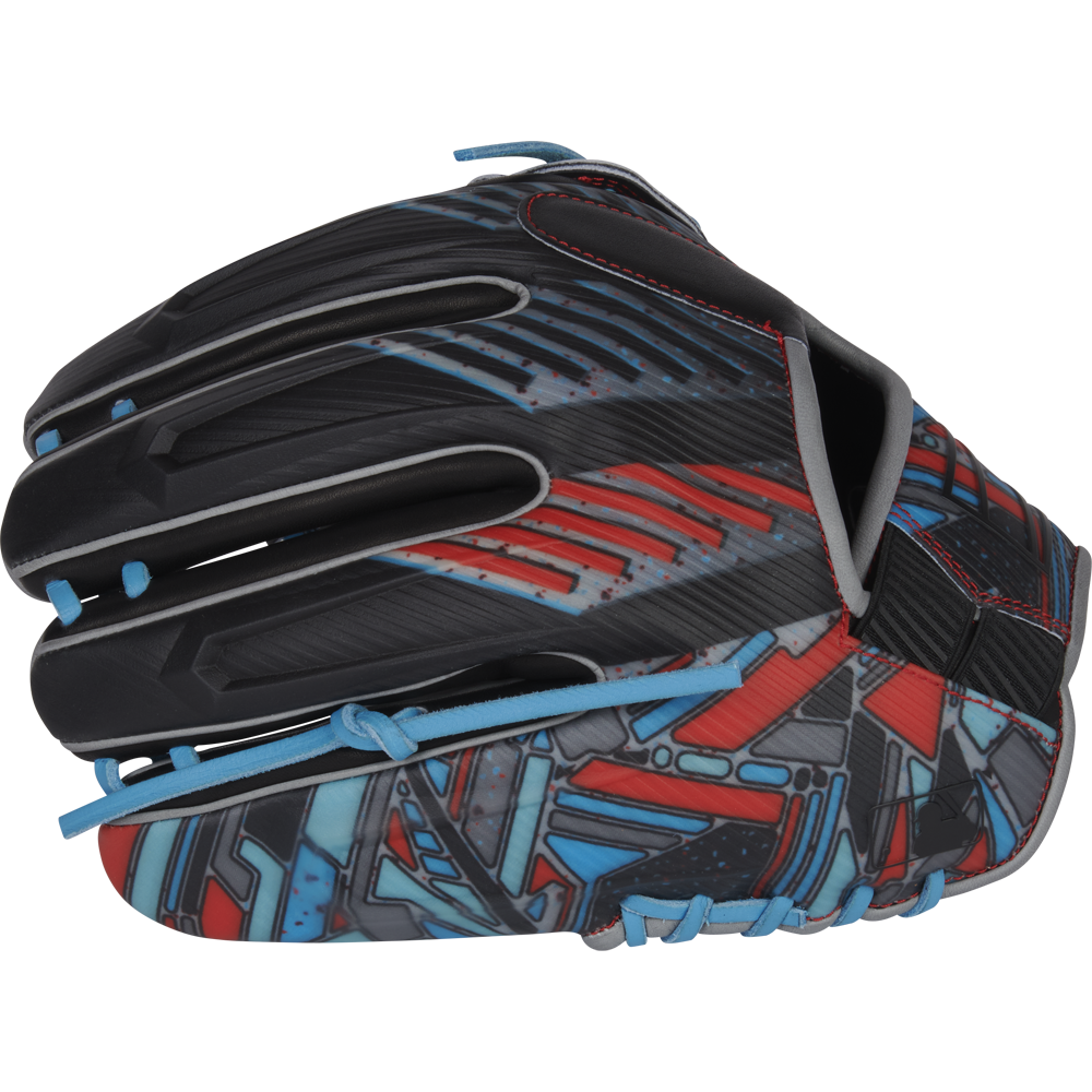 A Rawlings REV1X 11.75" Baseball Glove (REV205-6B) features a black Heart of the Hide leather shell, vibrant red, blue, and gray abstract patterns, blue laces, and red stitching, shown from the side against a plain background.